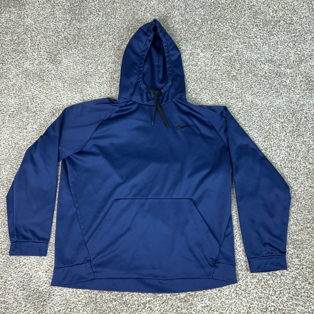 Nike Hoodie Mens 2XL Blue Gym Training Dri Fit Pullover Sweatshirt Swoosh Logo